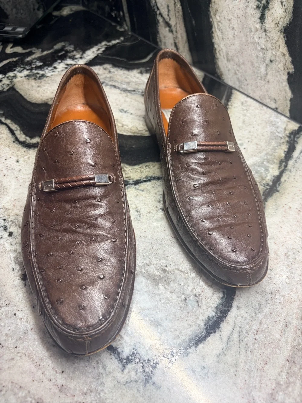 A. Testoni Brown Genuine Ostrich Leather Loafers Italy UK 8 G US ~9.5